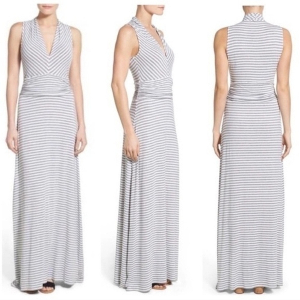 Vince Camuto Gray and White Halter Sheath Maxi Dress